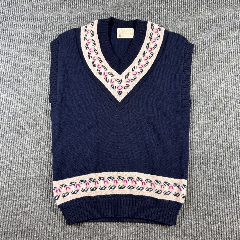 Pendleton Vest Women's S Vintage‎ Wool Sweater Navy Blue Floral V-Neck USA Made